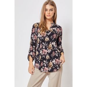 Dear Scarlett Women's Lizzy Floral Long Sleeve V-Neck Blouse Top in Black Multi